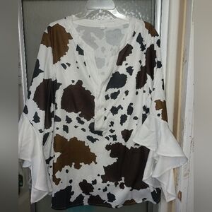 Women's Ruffle Sleeve Cow Print Top